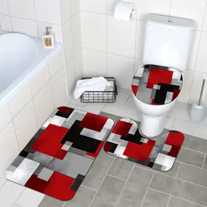 3-Piece Abstract Grid Bathroom Rug Set, Ultra Soft Absorbent Non-Slip Mats, Red Black Grey White Decor for Bath Toilet Vanity