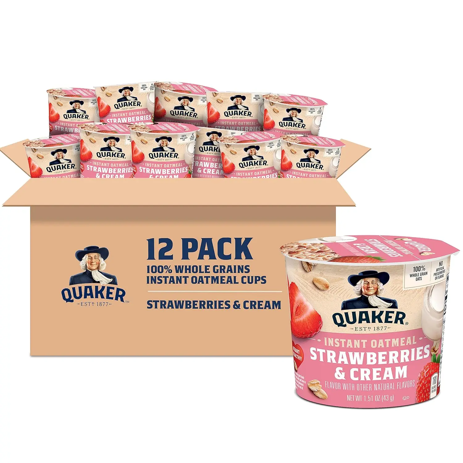 Quaker Express Oatmeal Cups Strawberry & Cream 12 Count Instant Breakfast Oatmeal Cups Creamy Strawberry Flavor Quick & Easy Meal