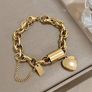 Heart Lock Stainless Steel Charm Bracelet for Women, Chunky Gold Plated Chain Love Bracelet Ideal Valentine's Day Gift for Her