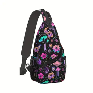 [Made in US] Crossbody Chest Bag Hiking Colorful Mushroom Floral Neon Shoulder Bag with Zip Closure Durable Polyester Fabric Large Capacity for Shopping Work Leisure Travel Beach Bag Fishing Backpack