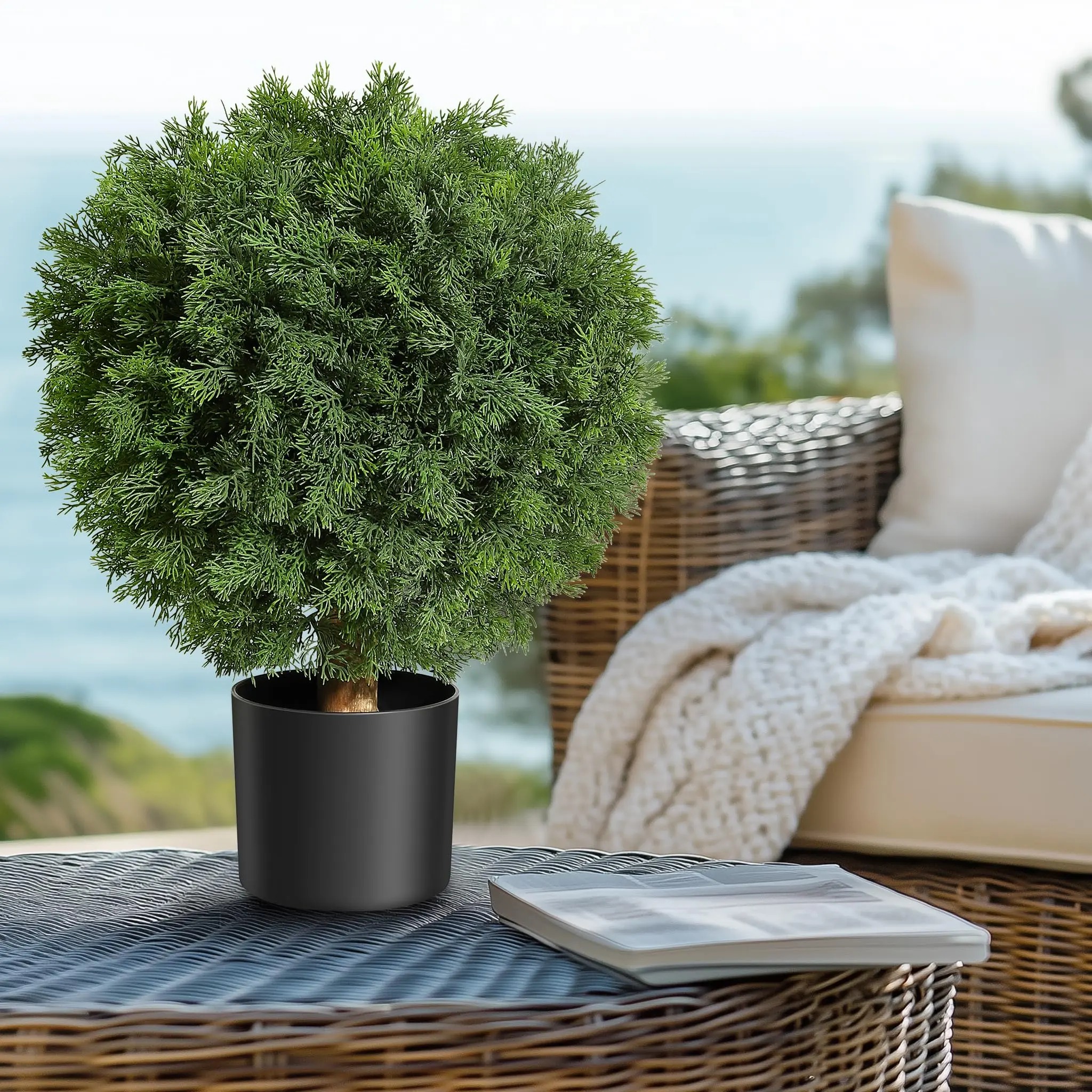 【GARVEE】UV Resistant Realistic Cedar Topiary Ball Trees – 2 Pack 24'' Artificial Shrubs with Pots – Faux Evergreen Plants for Home, Porch, Garden, Indoor & Outdoor Decoration – Decorative Entryway Bushes