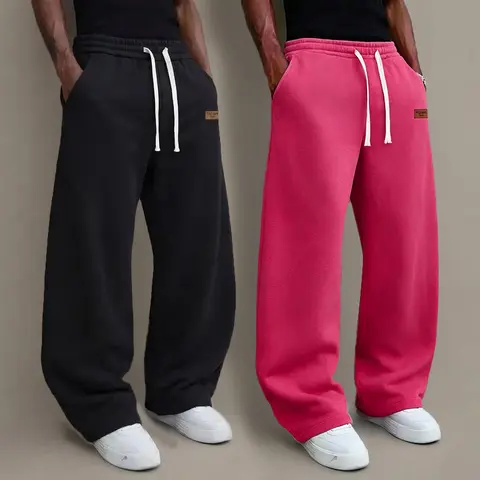 Men's 2-Piece Full Length Baggy Sweatpants, Fall-Winter Trendy Solid-Color Loose Wide-Leg Joggers with Elastic Waistband, Side Drawstring & Pockets, Essential Grey Male Clothing, Casual Wear Sporty Chic Athletic Streetwear