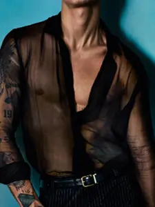 INCERUN Mesh Casual Shirt Men Lapel See Through Sheer Sexy Button Camisa Long Sleeve Transparent Fashion Party Nightclub Men Shirt Top
