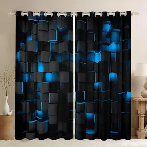 Blue and Black Darkening Drapes (2 Panels ) Light Geometric Curtains for Bedroom Living Room Blackout Curtains for Modern Window Treatments