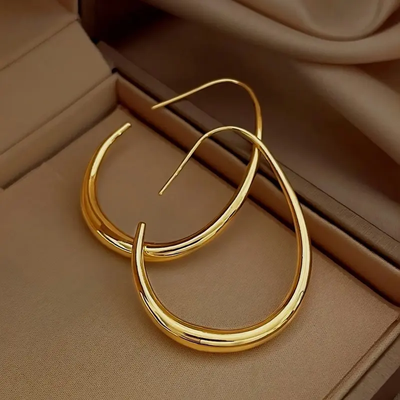 Hypoallergenic Lightweight Earrings for Women, 18K Real Gold Plated Brass Large Oval Pull Through Earrings, High Polished Comfortable Statement Jewelry Gift for Women, Fashion Earring, Hoop Shape Earrings, Hoop Earrings, Earrings Hoops