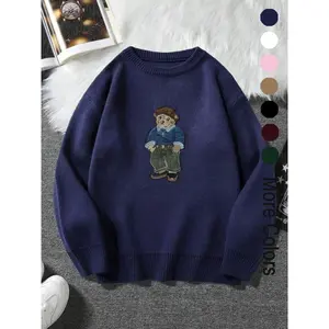 Unisex Cartoon Bear Print Crew Neck Sweater Crew Neck Casual Loose Long Sleeve Sweater Suitable for Autumn and Winter Fashionable Women's Daily Wear Knitted Sweater