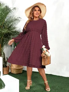 Plus Size Women's Swiss Dot Long Sleeve Chiffon Dress Flowy High Waist A Line Ruffle Babydoll Midi Dresses 16W-24W Casual Elegant Womenswear Comfy Lady Cute Elastic Fit Lantern Loose Sheer Solid Casual Wear Comfort