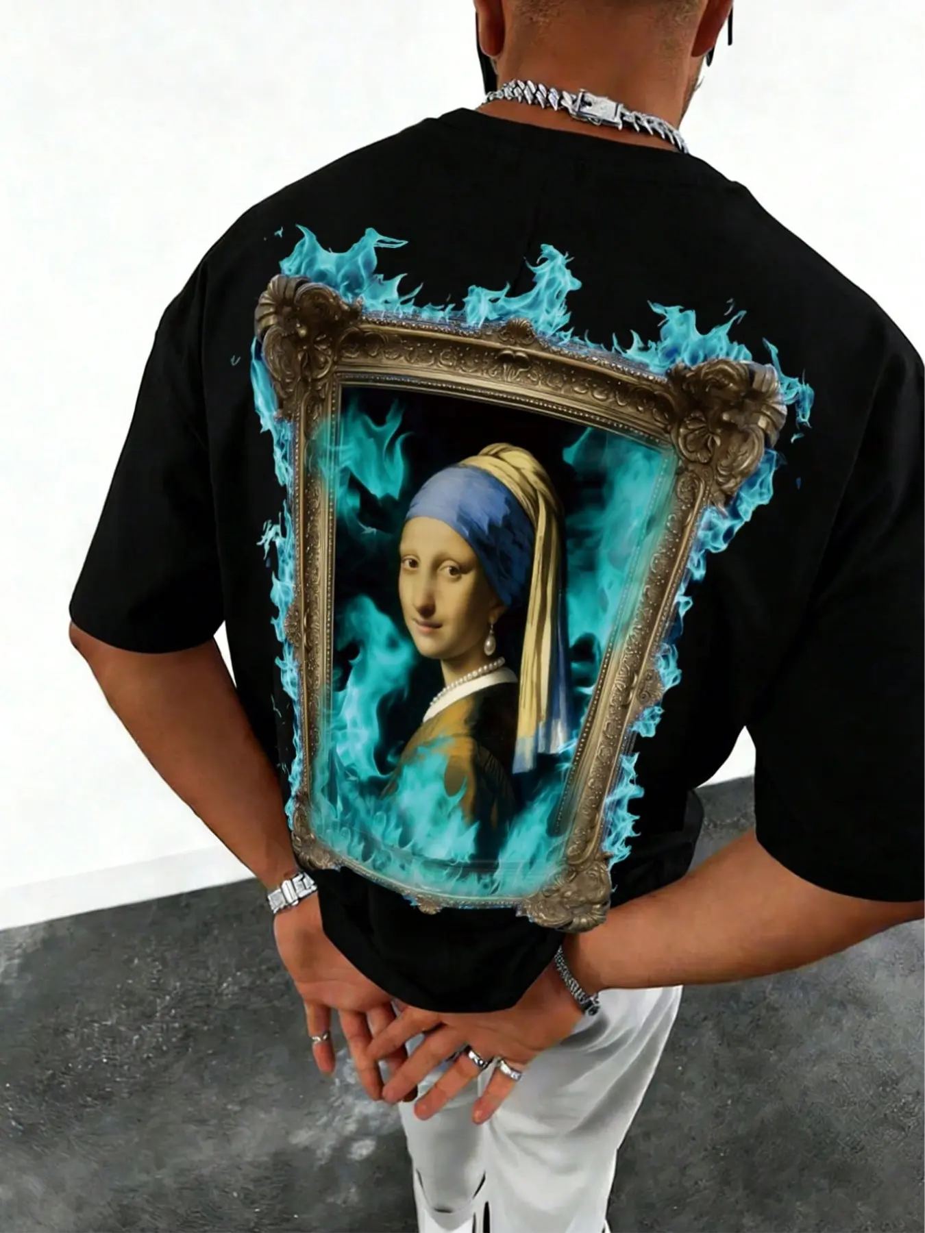 Heavyweight Boxy Fit Graphic Tee with Vermeer Art Print | Cyber Blue Flame Gothic Frame Men's Casual Streetwear T-Shirt | Premium Breathable Loose Top for Night Out & Skate | Bold Statement Art Clothing for Hypebeasts