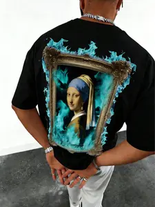Heavyweight Boxy Fit Graphic Tee with Vermeer Art Print | Cyber Blue Flame Gothic Frame Men's Streetwear T-Shirt | Premium Breathable Loose Top for Night Out & Skate | Bold Statement Art Clothing for Hypebeasts