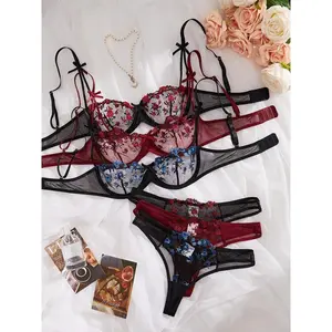 Women's Floral Embroidery Contrast Mesh Sheer Sexy Lingerie Set, Sexy Elegant Underwire Bra & Thong Set, Ladies Sexy Underwear Set