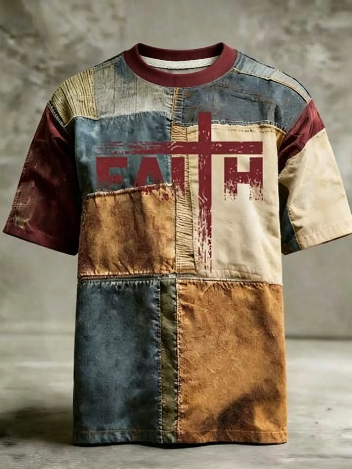 American Vintage Letter Print Short Sleeve T-Shirt, Patchwork Distressed Loose Fit, Summer Casual Breathable Unisex Top