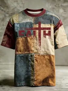 American Vintage Letter Print Short Sleeve T-Shirt, Patchwork Distressed Loose Fit, Summer Casual Breathable Unisex Top