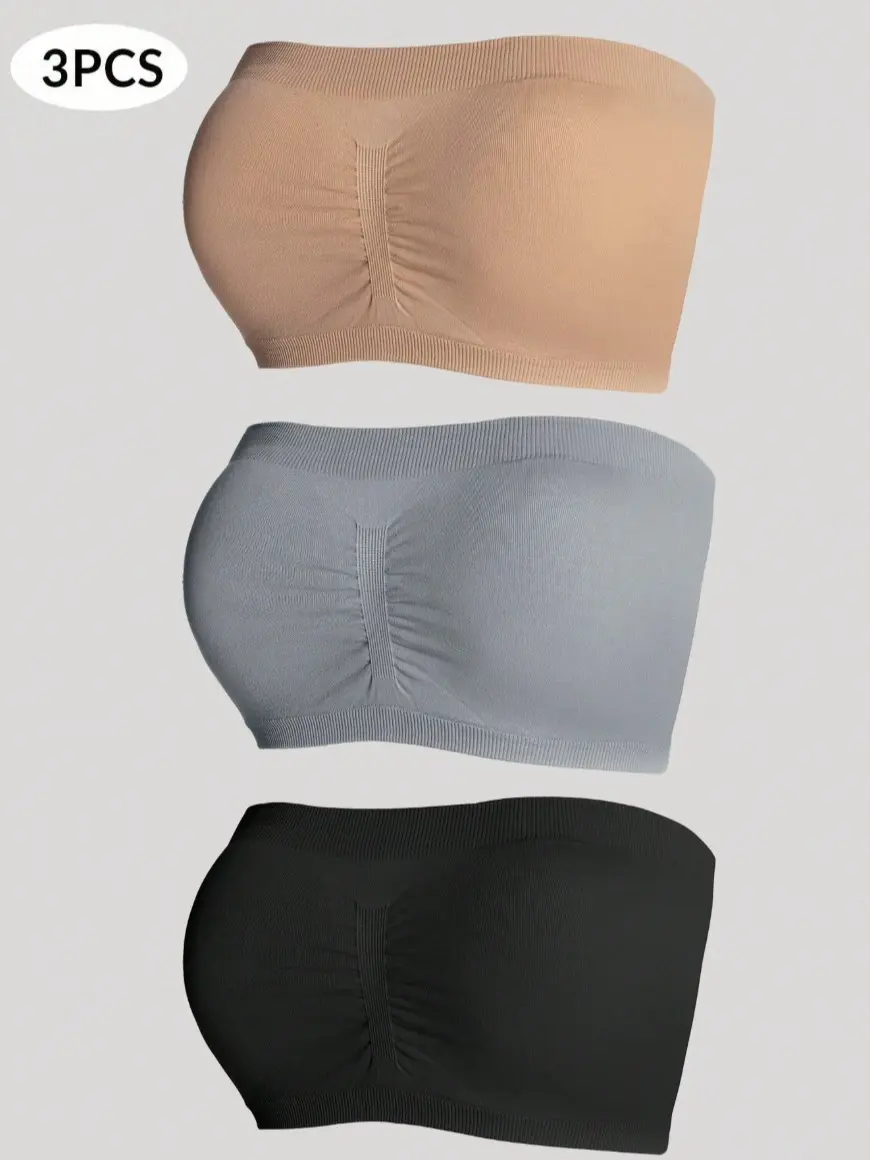 3pcs Set Seamless Elegant Plus Size Bras & Wireless Bras Bandeau Bra Without Padding,Wireless Strapless Push-Up Bralette,Non-Slip Strapless Silicone Bralette,Full Coverage Jacquard Push-Up Bra