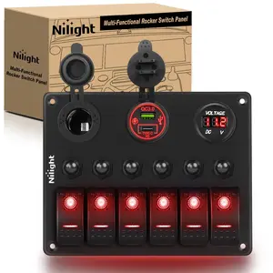 6 Gang Rocker Switch Panel Waterproof Pre-Wired Aluminum Panels with PD Type C and USB Cigarette Lighter Socket Voltmeter 12V 24V ON Off Switches for Car Trucks Boats RVs Red