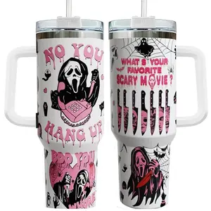 No You Hang Up Tumbler, Halloween Insulated Cup, Horror Movie 40oz Tumbler, Cute Pink Ghostface 40oz Tumbler, Halloween Gift