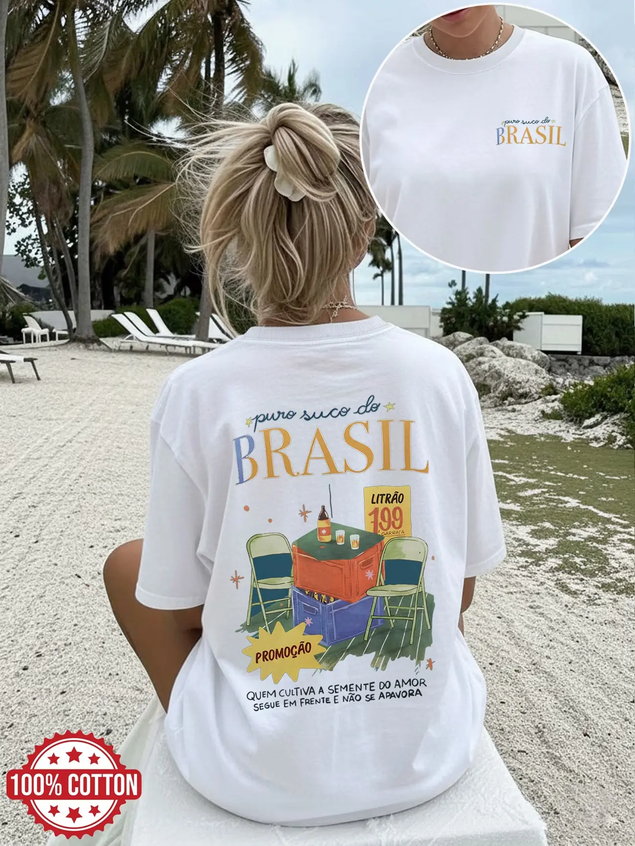 Double-Sided Printed Women'S Summer Casual Top with a Vintage Style, Featuring a Design of 'Pure Juice from Brazil' on a Short-Sleeve, Round-Neck, Oversized T-Shirt