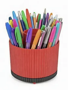 Multi-Functional Pen Holder - Red Ribbed Design for Organized Desk Accessories