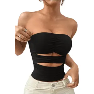 Women's Cut Out Tube Ruched Strapless Bandeau Fitted Backless Crop Tube Top