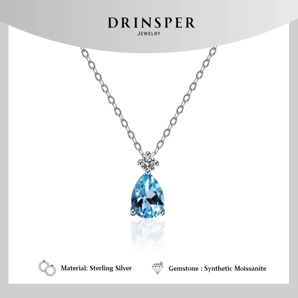 Drinsper Mermaid Tear S925 1.0CT DVVS Synthetic Moissanite Pendant Necklace for Women Girls Pear-cut Minimalist Elegant Style Suitable for Daily Wearing Birthday Party Chrisamas Jewelry Gift for Girlfriend Mom