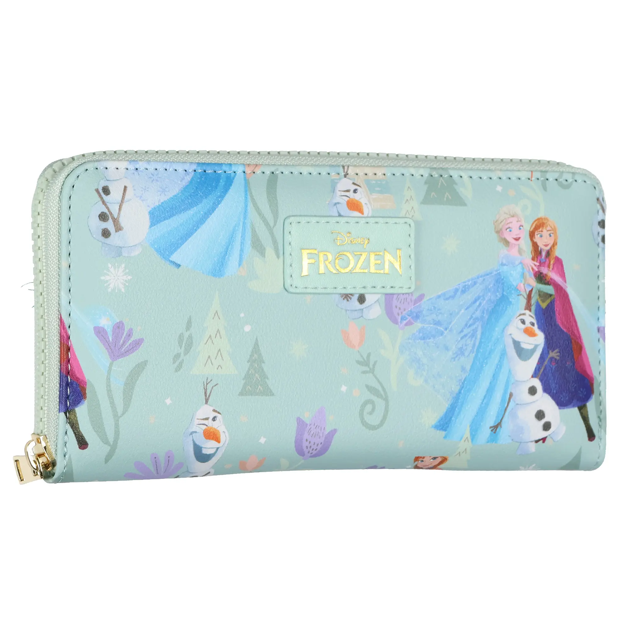 Women's Disney Frozen Zip Around Wallet - All-Over Anna, Elsa, Olaf Character Scene Design Zipper Purse, One Size Polyurethane Clutch Purse for Daily Use Bags