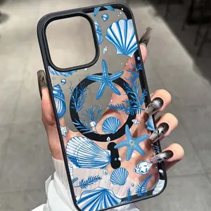 Blue Shell Pattern Acrylic Anti-Drop Phone Case, Cover, Magnetic Charging, Wireless Charging Compatible, Fits Apple iPhone & Samsung Models