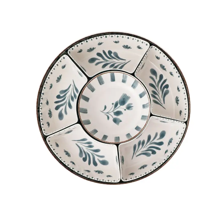 Bamboo Melamine Chip and Dip Tray Blue with Floral Design Plates for Serving Bamboo Melamine Chip and Dip Tray Blue with Floral Design Plates for Serving