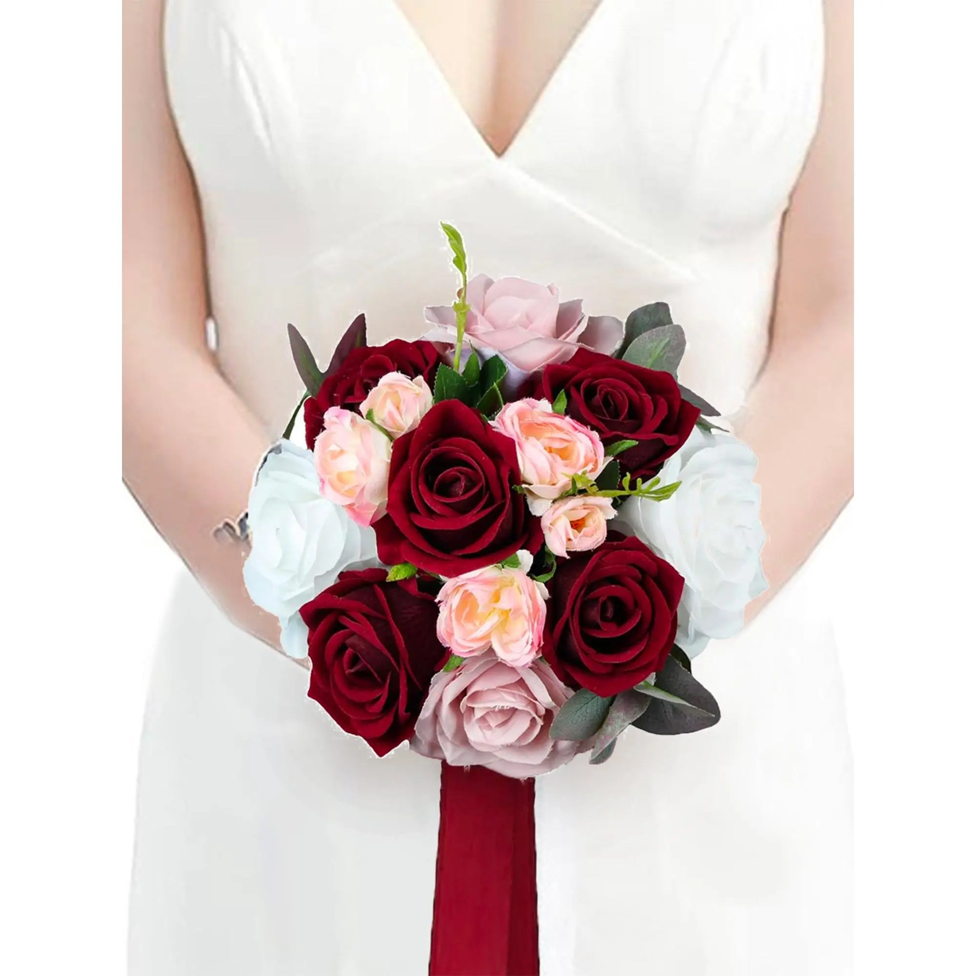 Rinlong Silk Burgundy & Blush Bridesmaid Bouquet (11.3in H x 7in W) - Floral Wedding Supplies with Eucalyptus, Chiffon Wrap, Ready-to-Use Photography Prop, Elegant Festive Decor