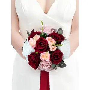 Rinlong 11.3 inch wide Burgundy & Blush Bridesmaid Bouquets Wedding Flowers
