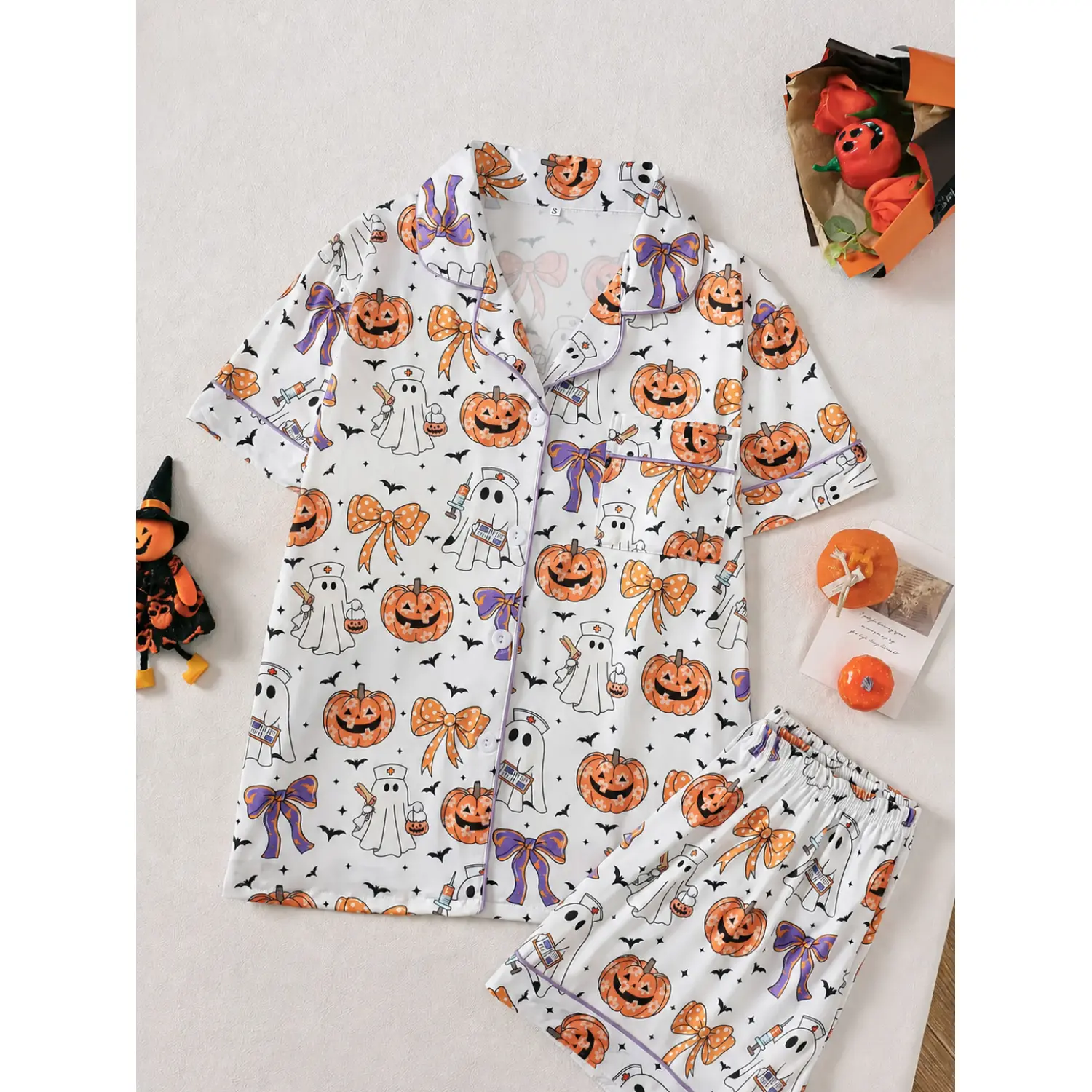 Women's Ghost Pumpkin Print Halloween Pajama Set, Casual Fitted Style, Short Sleeve Button-Up Top & Relaxed Shorts, Cozy Sleepwear & Loungewear
