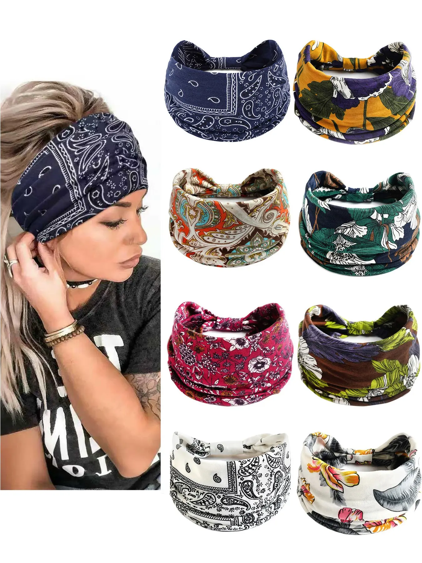 Women's 8pcs Wide Headbands, Adjustable Headband, Gym Headband, Workout Headbands, Paisley Print Elastic Yoga Bands, Boho Style High Crown Hair Accessories, All Seasons Fashion Headwear