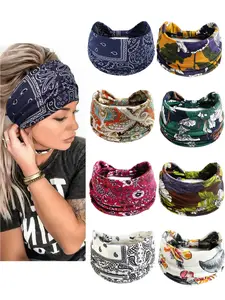 Women's 8pcs Wide Headbands, Paisley Print Elastic Yoga Bands, Boho Style High Crown Hair Accessories, All Seasons Fashion Headwear
