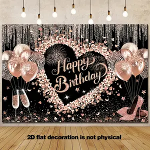 2D Flat - Pink Glitter Backdrop for a 2D Flat Women'S Happy Birthday Celebration, Featuring Balloons And Heart Decorations, Perfect for Photo Booth Props
