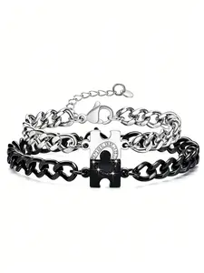 Couples Puzzle Matching Bracelet Set, Black & Silver Stainless Steel His and Hers Wristbands, Cubic Zirconia Inlaid, Hypoallergenic, Adjustable Link Chain, Romantic Promise Jewelry, Ideal Gift for Boyfriend, Girlfriend, Anniversary, Valentine's Day