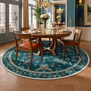 Round Vintage Colorful Insect Floral Rug for Living Room & Bedroom, Soft Plush Pet-Friendly Washable Non-Slip Carpet, Ideal for Playrooms & Leisure Spaces, Boho Floral Rug