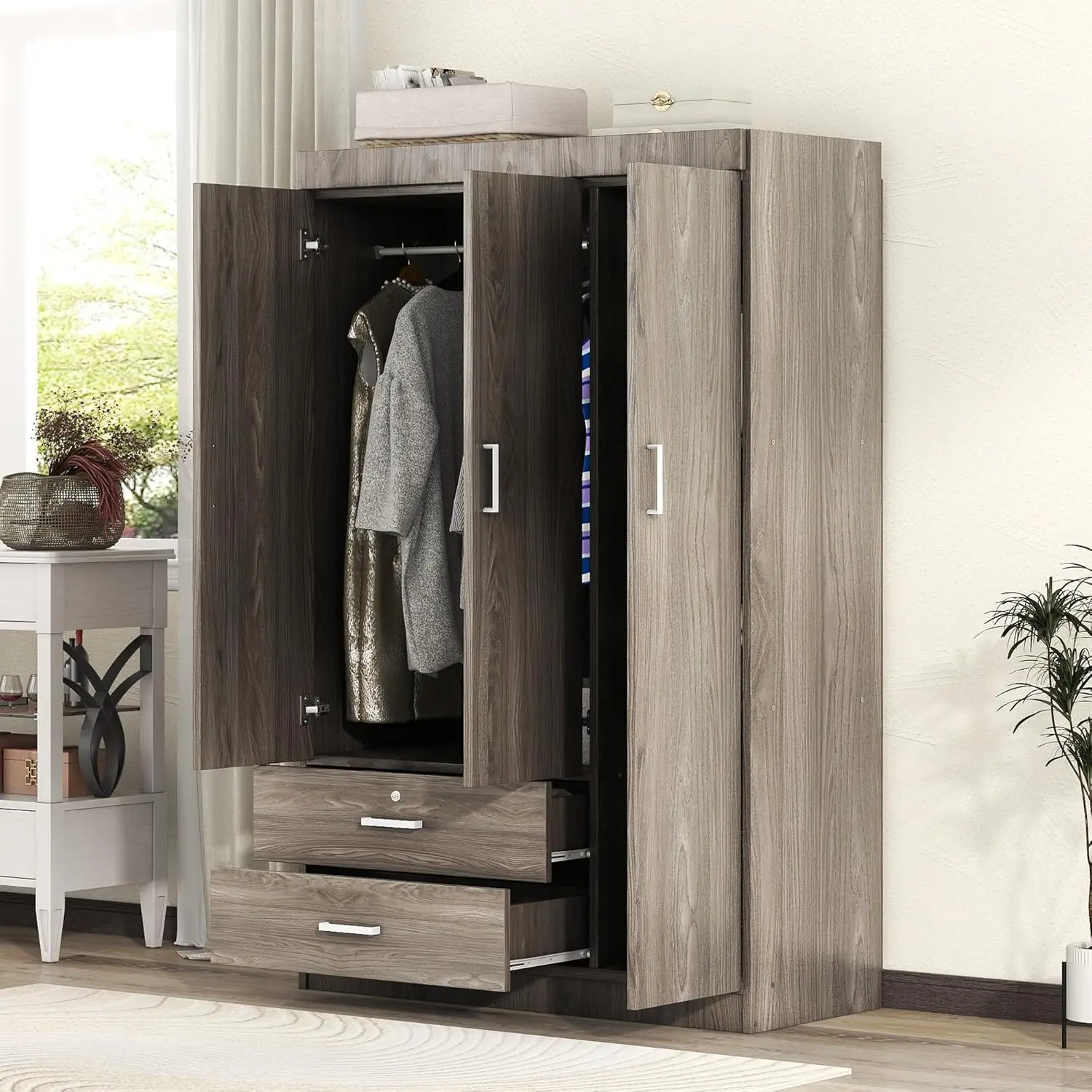 68.2" H Armoire Wardrobe Closet with 3 Doors, Wooden Wardrobe Closet with Drawers/Hanging Rod/Shelves for Hanging Clothes, Freestanding Bedroom Armoires Clothes Cabinet, Wood Grain Effect in Gray