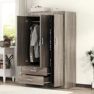 68.2" H Armoire Wardrobe Closet with 3 Doors, Wooden Wardrobe Closet with Drawers/Hanging Rod/Shelves for Hanging Clothes, Freestanding Bedroom Armoires Clothes Cabinet, Wood Grain Effect in Gray