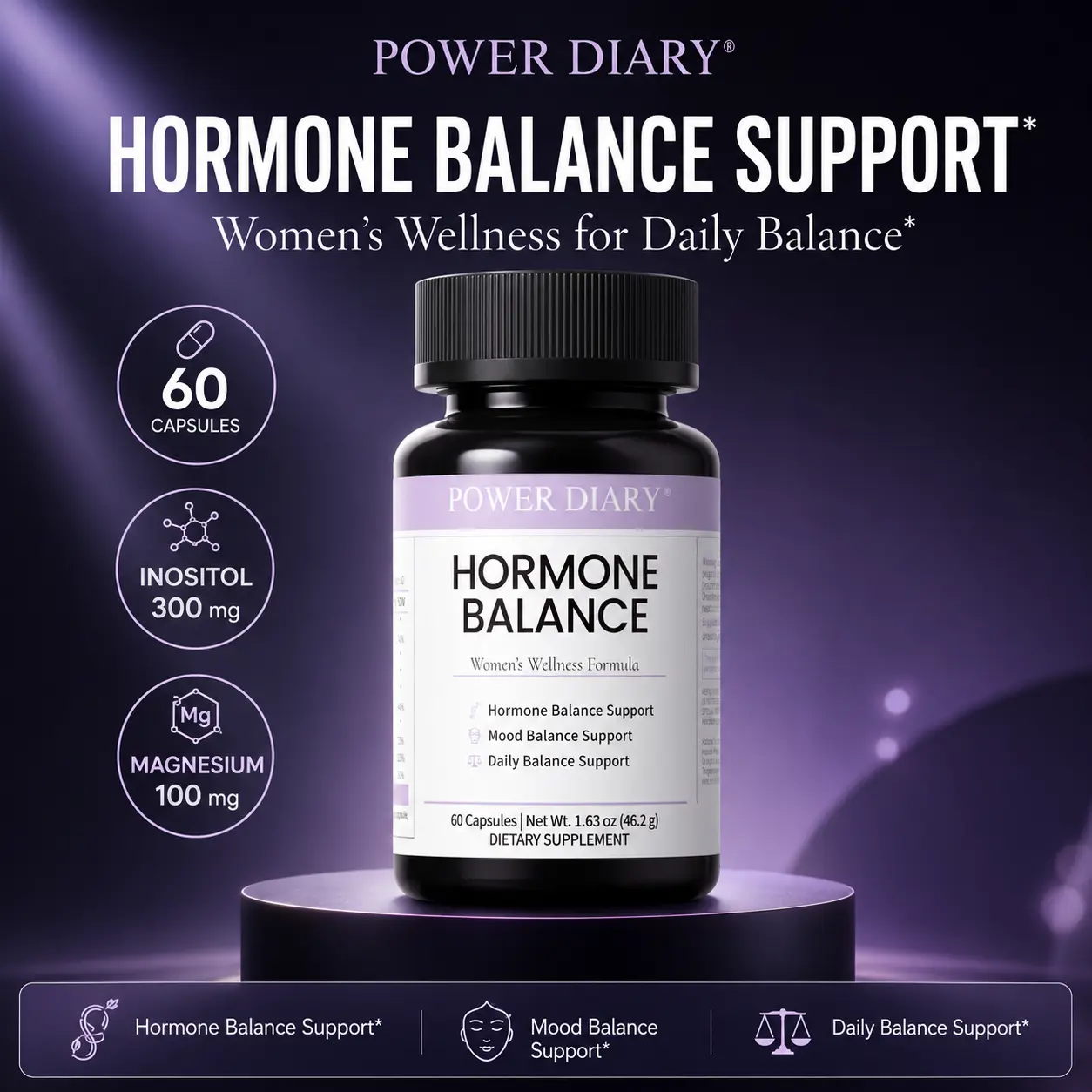 POWER DIARY Hormone Balance Support Supplement for Women, Inositol, Magnesium, Ashwagandha, Rhodiola & Chaste Tree Berry, Mood & Daily Balance Support, 60 Capsules
