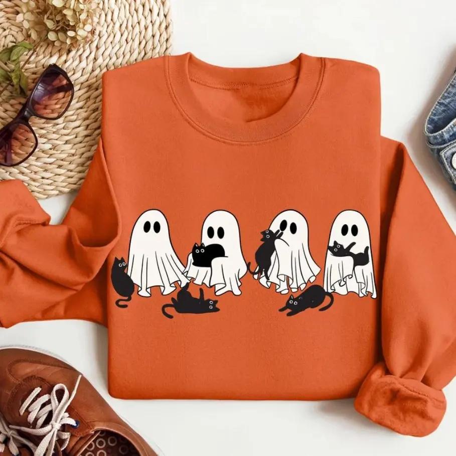 Сute Ghost Black Cat Shirt – Sweatshirt – Hoodie, Ghost Black Cat Shirt, Black Cat Halloween Shirt, Cat Lovers Shirt, Cat Halloween Shirt, Halloween Cat Shirt, Full Color, For Men, For Women – Trend