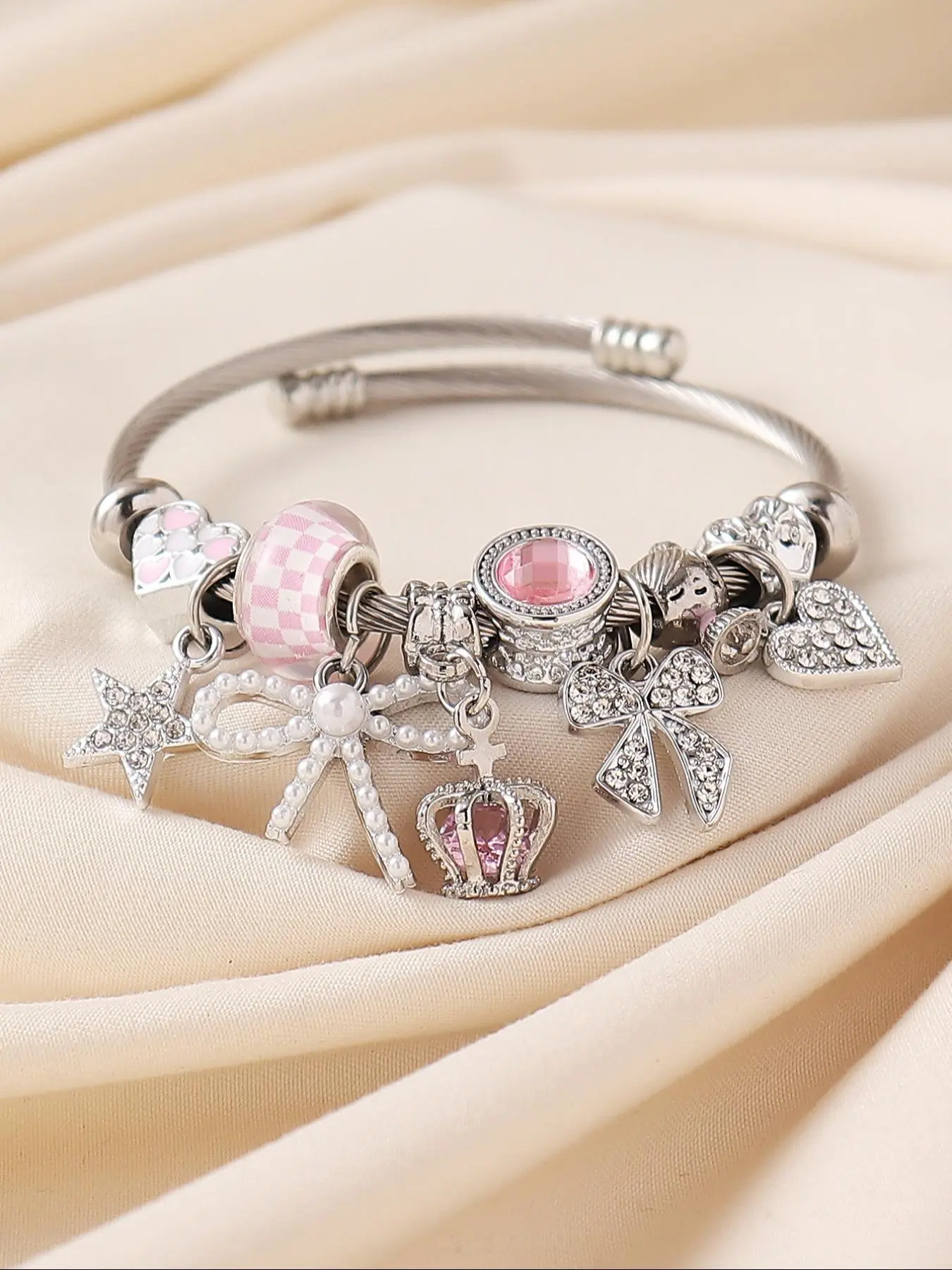Fashion Charm Bracelet, Rhinestone Bracelet, Crown, Star & Heart Charm Bracelet, Fashion Jewelry for Party, Daily Clothing Decor, Jewelry for Gift, Stainless Steel Bracelet, Fashionable Bracelet, Pretty Bracelet, Bracelet with Charms