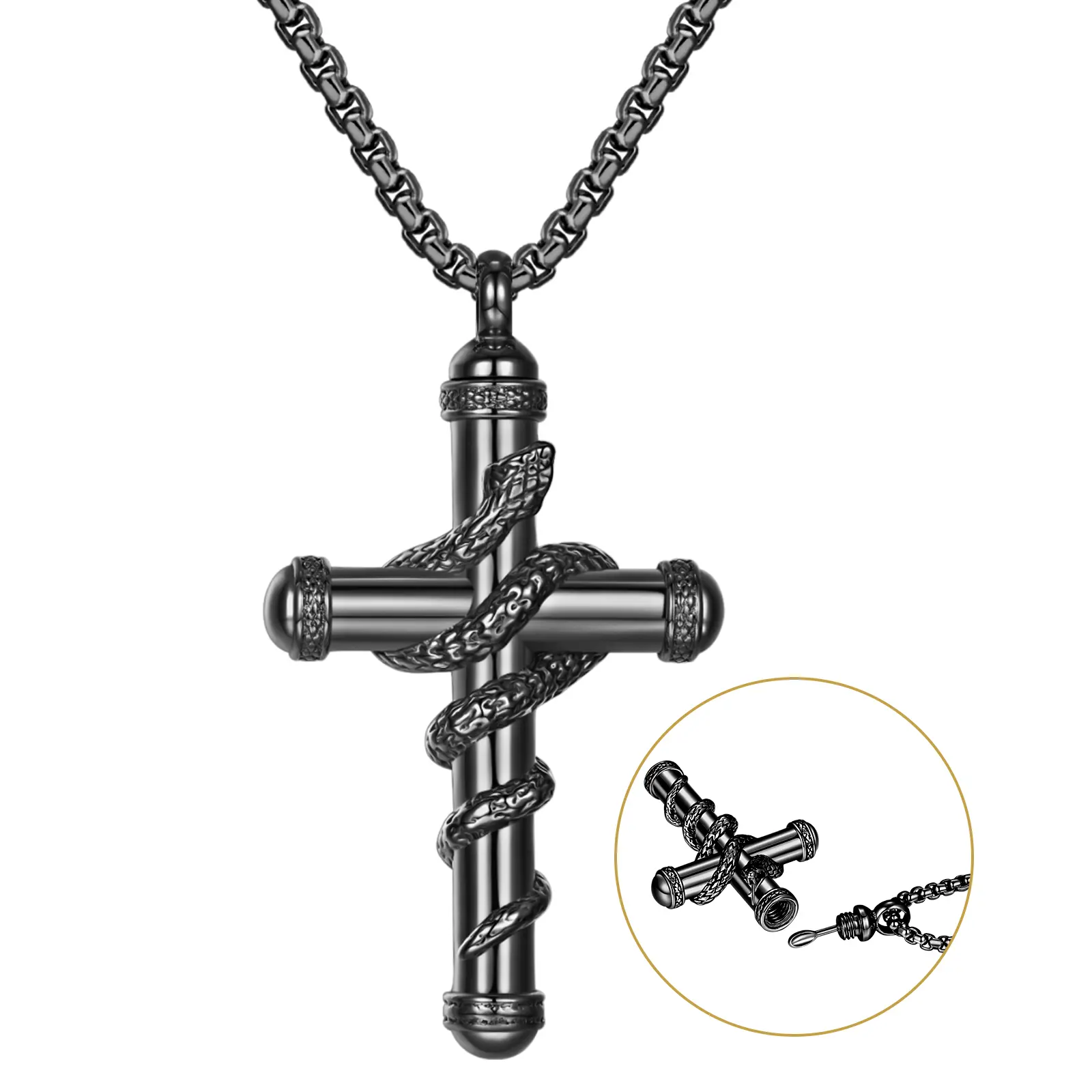 OIDEA Gothic Cross Locket Necklace - Stainless Steel Snake-Wrapped Memorial Keepsake Pendant, Unisex Cross Emblem Artistic Emblem Chain Jewelry Gift, Gothic Cross Necklace, Cross Emblem Necklaces