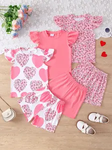 6-Piece Girls' Casual Heart Print Set, Full-Print Top & Solid Short Pants, Outdoor Summer, Comfortable Kids Fashion, Summer Clothing Set