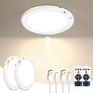 Rechargeable Motion Sensor Ceiling Light with Remote Magnetic Wireless Battery Powered 4000mAh 3 Color Temperatures 400 Lumen Dimmable for Closet Shower Stairs Shed Hallway Porch Patio 2 Pack