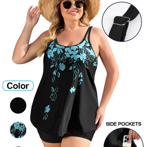 COOTRY【PlusSize】 2 Piece Swimsuit for Women Tankini Bathing Suits Flowy Swim Tops with Boy Shorts Swimsuits for curvy women1XL-5XL