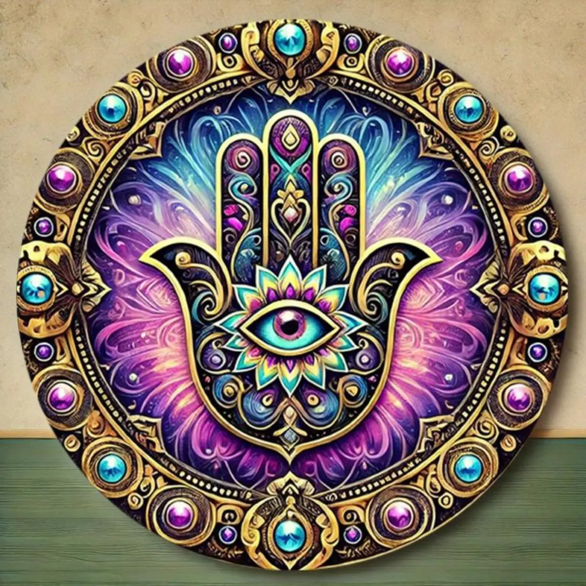 1 Piece Bohemian Vintage Aluminum Round Sign - Comic Hand Design, Includes Eye of Providence, Vibrant Colors and Intricate Patterns, Durable Vintage Wall Decor, Perfect for Home, Farmhouse or Outdoor Space, 8x8 Inch Decorative Wall Art | Waikert