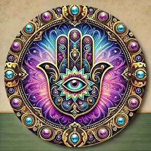 1 Piece Bohemian Vintage Aluminum Round Sign - Comic Hand Design, Includes Eye of Providence, Vibrant Colors and Intricate Patterns, Durable Vintage Wall Decor, Perfect for Home, Farmhouse or Outdoor Space, 8x8 Inch Decorative Wall Art | Waikert
