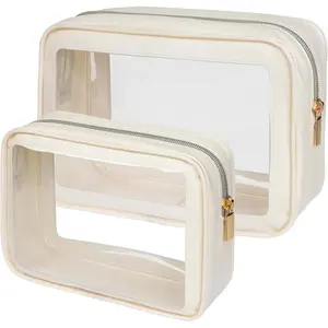 TSA Approved Toiletry Bag - Upgrade Color-Edged Clear Makeup Bag, Unique Appearance, 2 Pack Clear Travel Bags Hold Lots of Items Also Great for Organizing Car Console, Beige