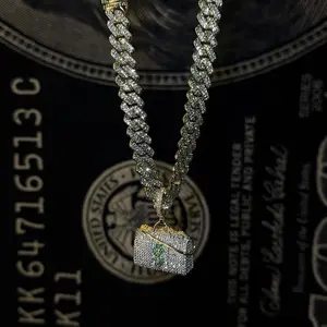 Custom Iced Out Money Bag Pendant - CEJEWELRY 14 mm 22" Miami Cuban Chain Necklace, Luxury Rhinestone Costume Chain Jewelry Necklaces