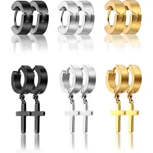 SAGAETR 6 Pairs of Cross Earrings Dangle Hinged Stainless Steel Hoop and Stud for Men Women Wearing (Style Set 1)
