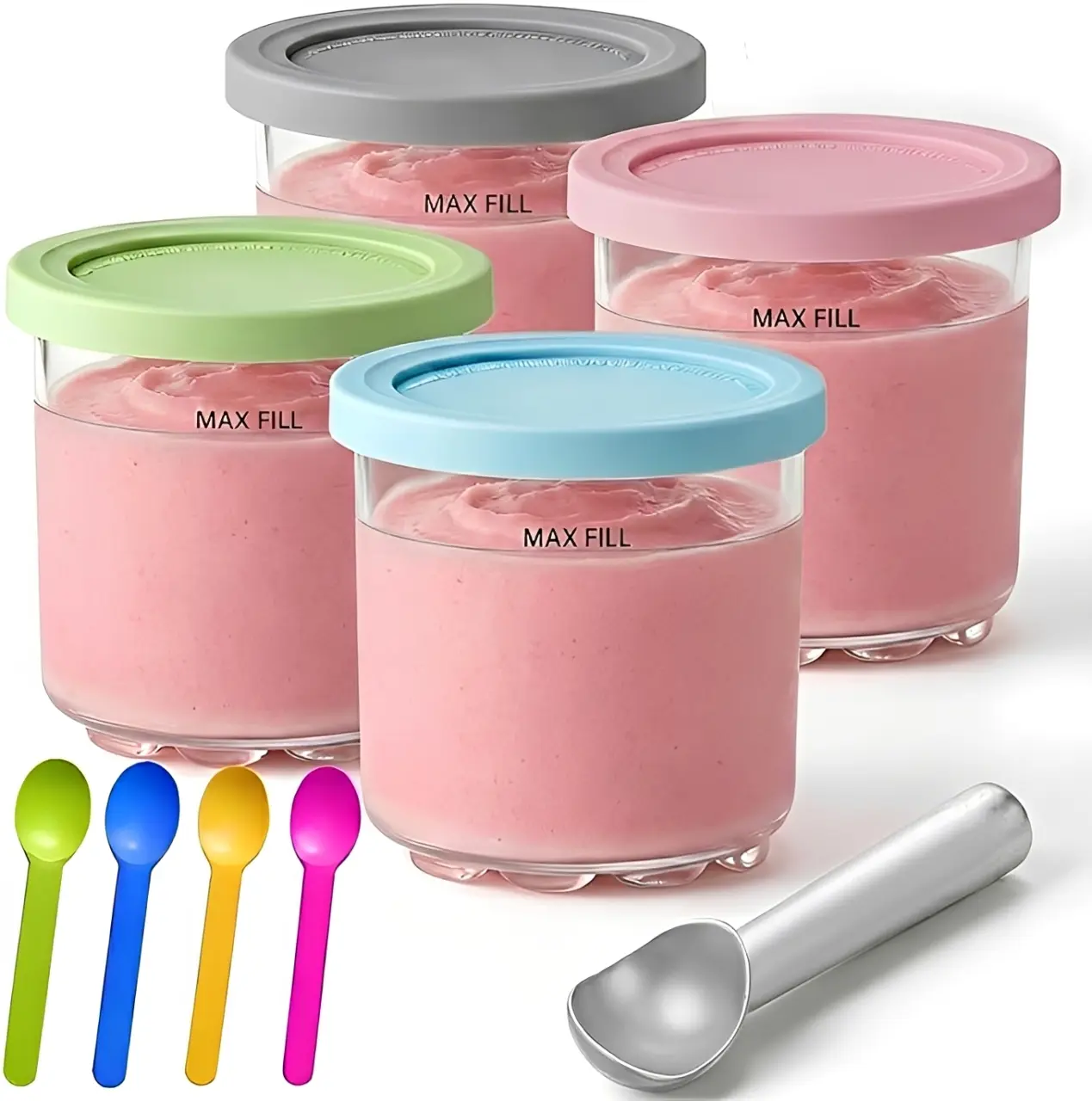 4pcs Reusable Ice Cream Cups with Lids, Spoons and Scoop - Compatible Accessories for NC299AMZ C300s Series Ice Cream Machines, Homemade Treats, Max Fill Line, Pc Material