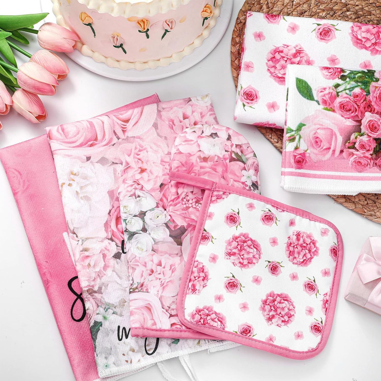 8 Pcs Pink Rose Kitchen Towels Dishcloths Oven Mitts Pot Holders Absorbent Gloves Heat Resistant for Chef Baking Cooking Essential Kitchen Gear Set - Bakeware